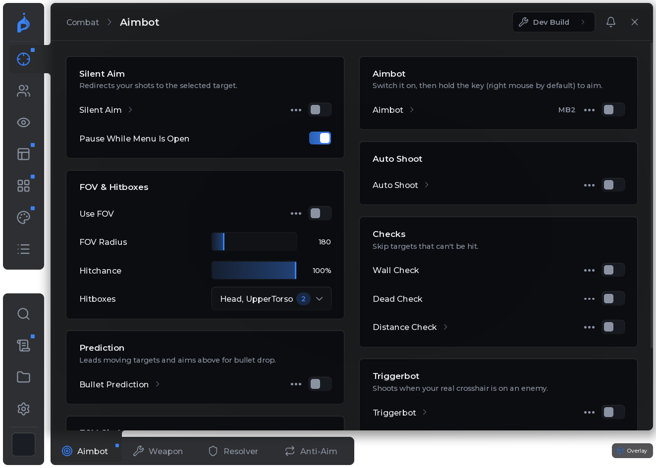 The Pyrix menu, Combat tab: silent aim, FOV and hitboxes, aimbot and triggerbot settings