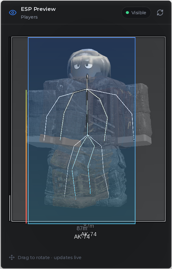 The live ESP preview: box, skeleton, health bar, distance and weapon on a character