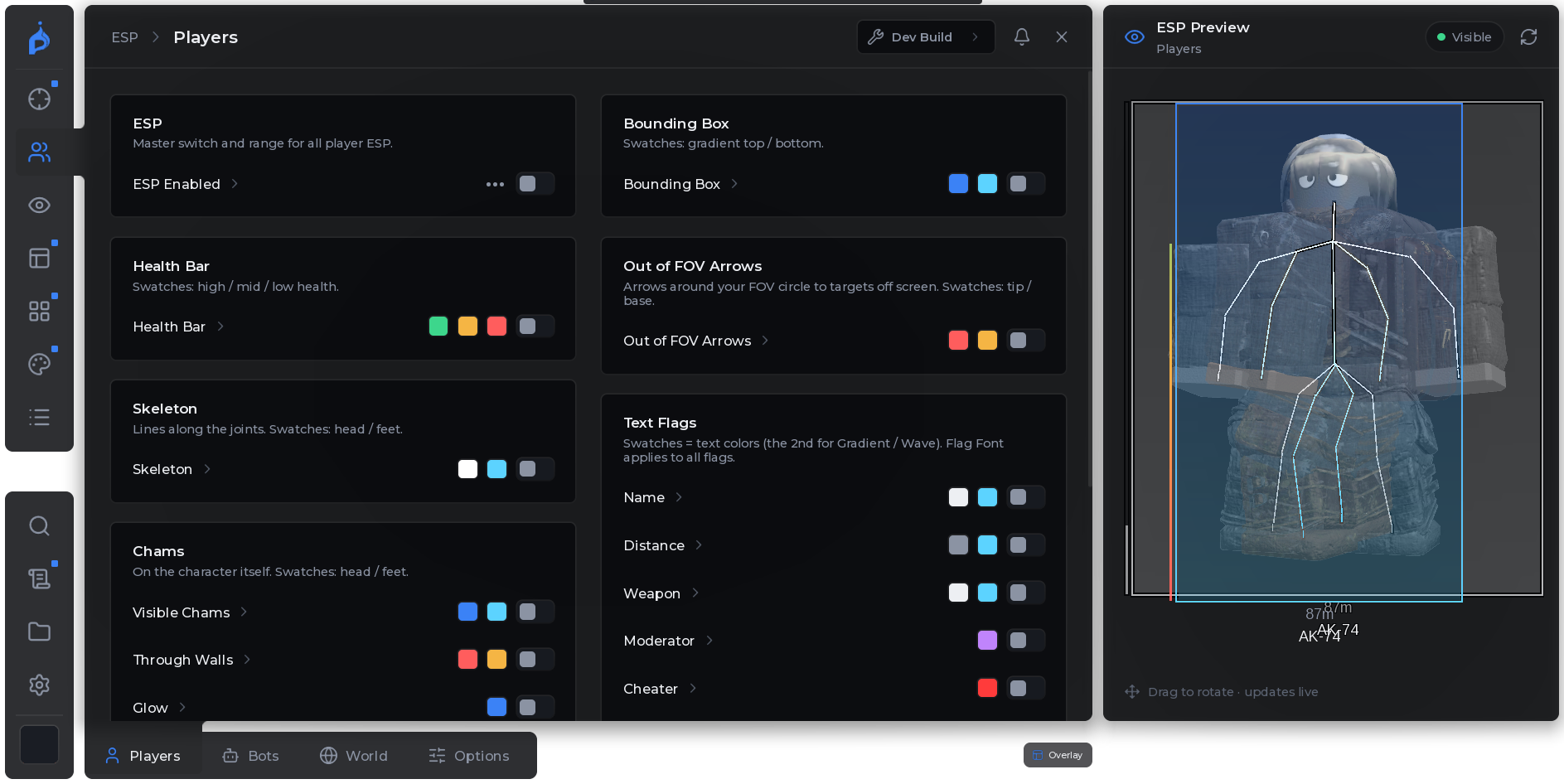 The Pyrix menu, ESP tab